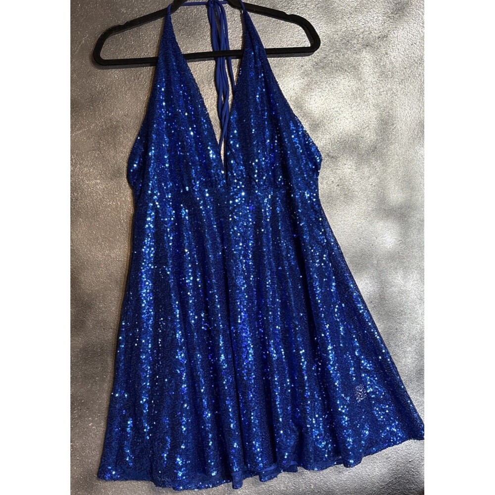 Blue Sequin Halter Strappy Sleeveless Lined Mini Dress XL 13/14 HOMECOMING HOCO